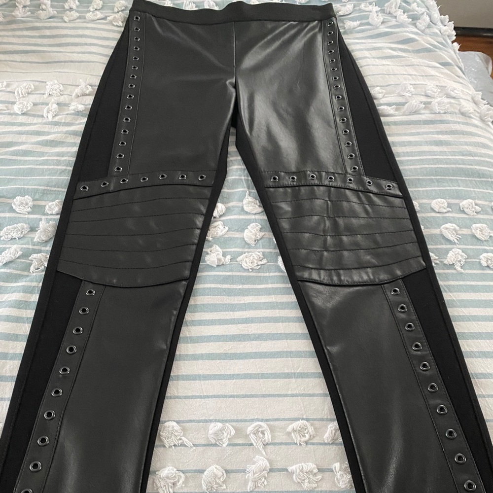BCBG Soft stretch knit leggings faux leather trim
